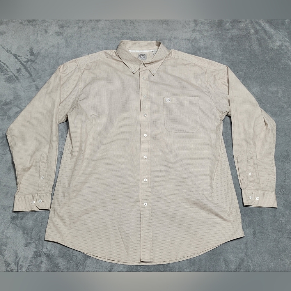Cinch Tan Light Brown Diamond Polka Dot Button Down Long Sleeve Shirt Mens XL